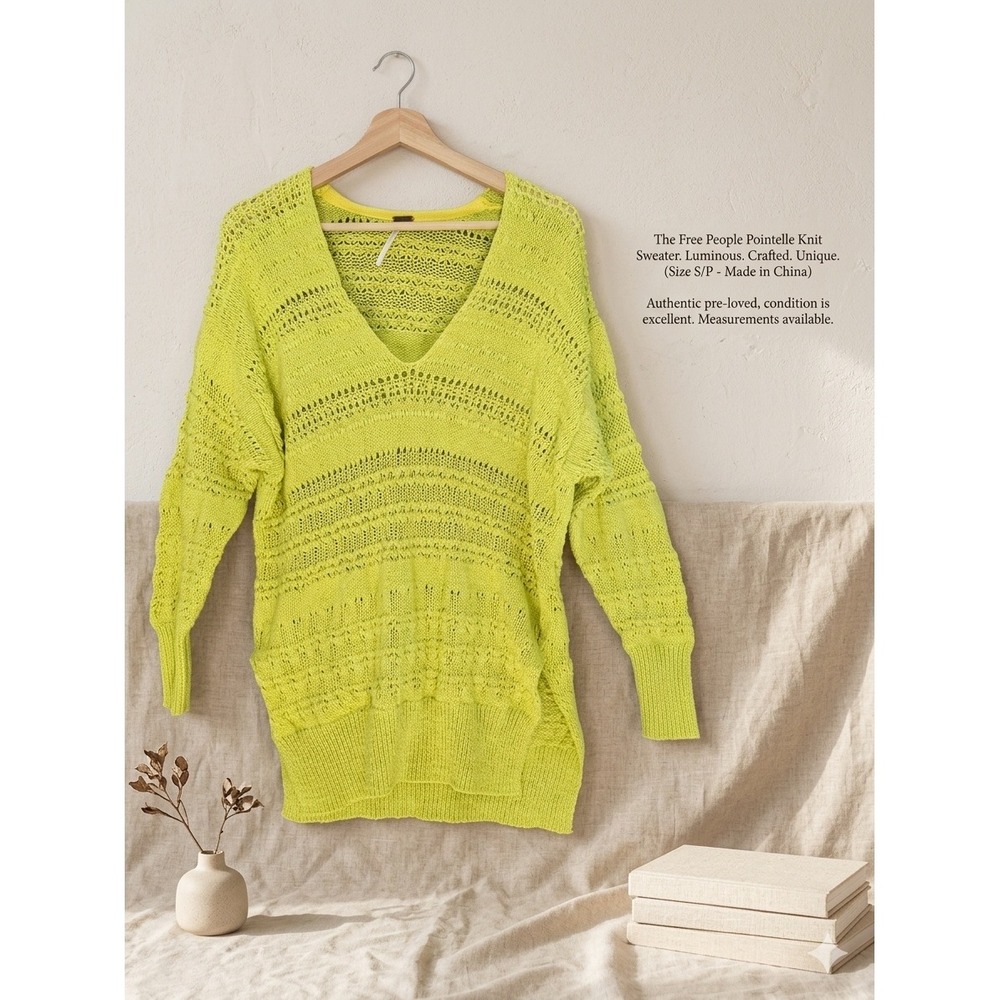 Free People Boho Crochet Knit V-Neck Oversized Sweater Small